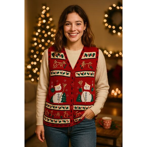 Vintage Bobbie Brooks Christmas Vest Small Snowman Embroidered Beaded holiday - Picture 1 of 8